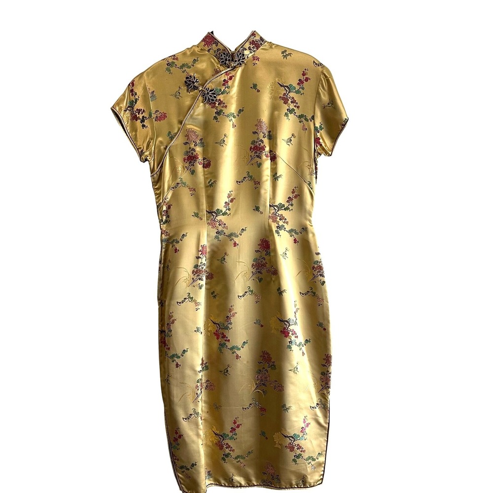 Vintage Traditional Chinese Qipao Gold Silk Dress‎ Size 32 Side Slits & Zipper